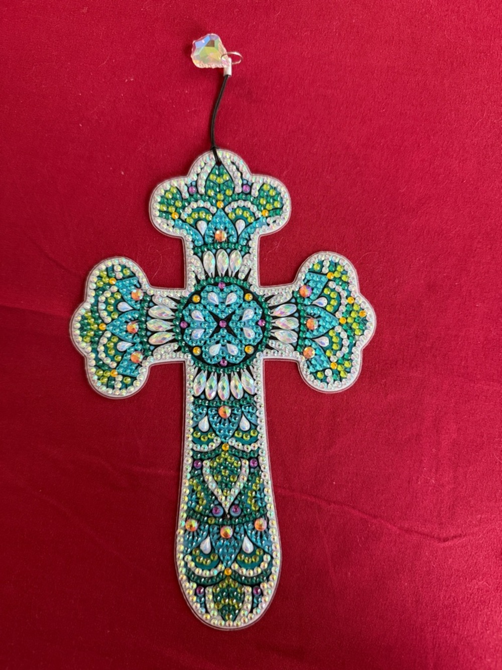 Turquoise and Green Jeweled Cross Wall Hanging